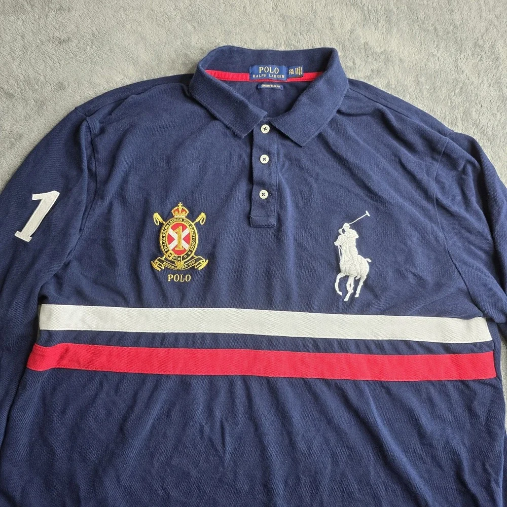 POLO RALPH LAUREN Men's XXL Gold Crest Big Pony Custom Slim Fit L/S Polo Navy